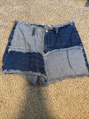 Boom Boom Jeans Two-Tone Patchwork Denim Shorts - Light Blue & Dark Blue